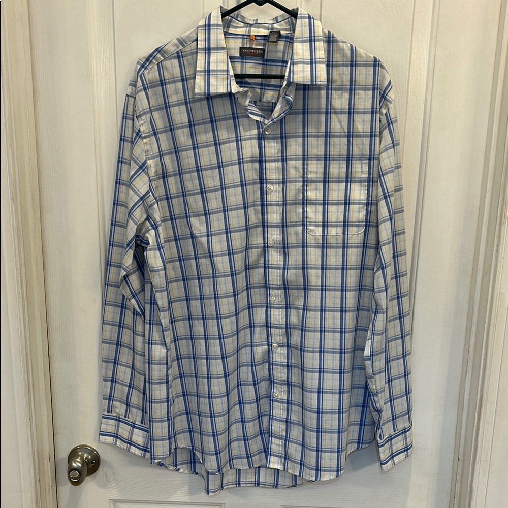 Van Heusen, Size Large, White, w/ yellow & blue plaid, long sleeve, button down